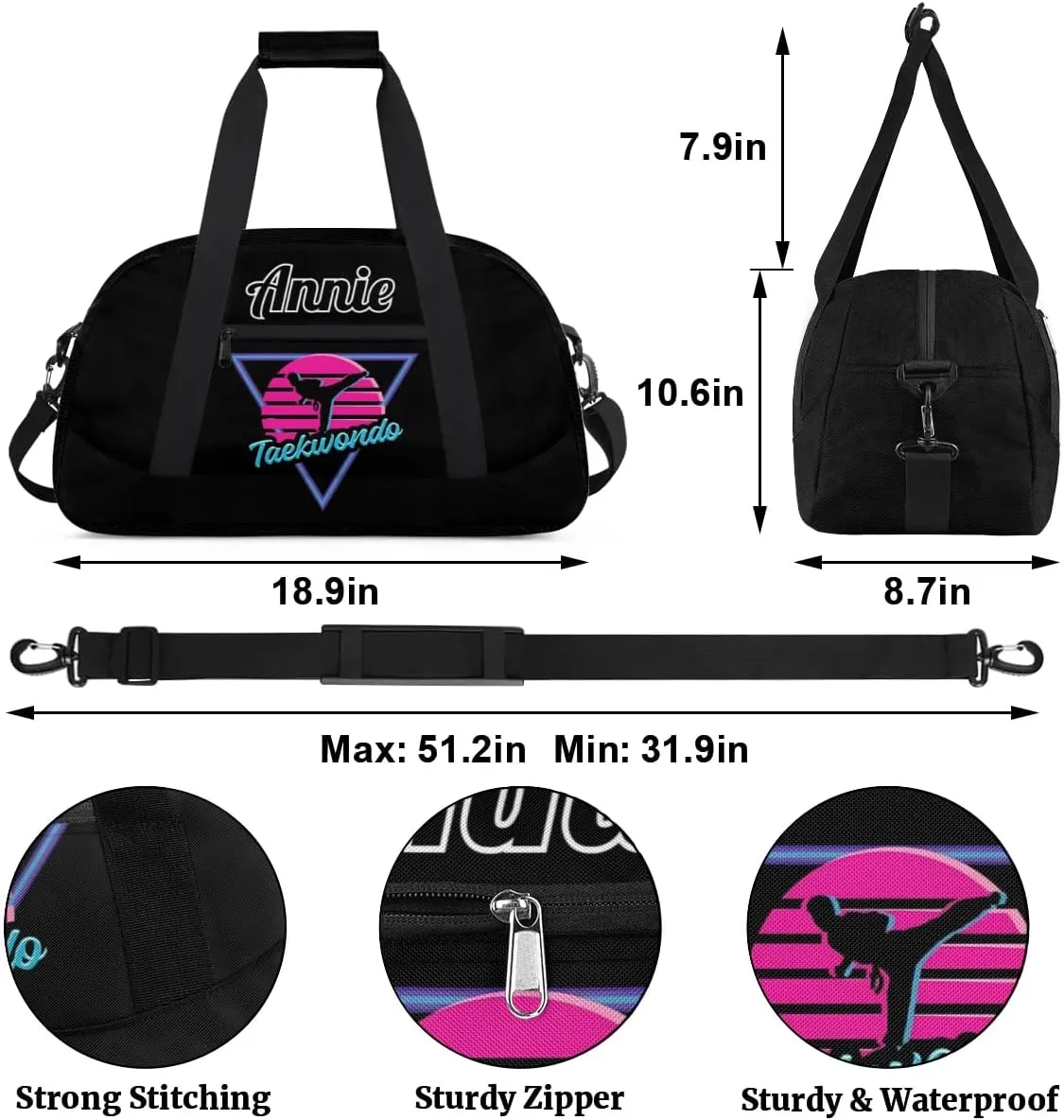 Karate Taekwondo Custom Sports Gym Bag for Girls Boys, Overnight Duffel Bags Cheerleader for Kids Personalized Dance Bag, Gymnastics Duffel Bag