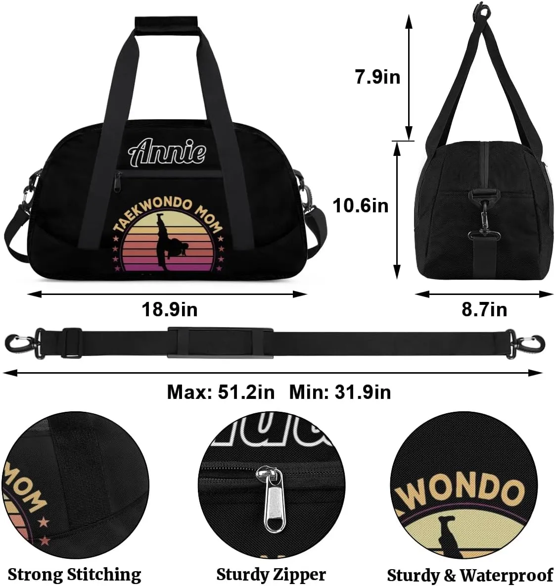 Karate Taekwondo Custom Sports Gym Bag for Girls Boys, Overnight Duffel Bags Cheerleader for Kids Personalized Dance Bag, Gymnastics Duffel Bag