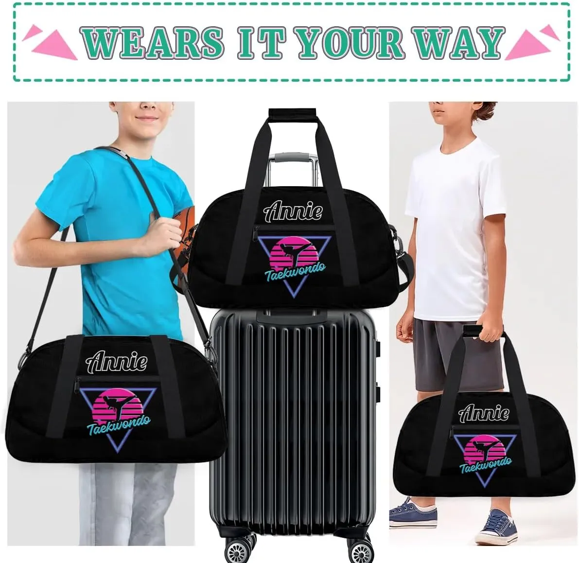 Karate Taekwondo Custom Sports Gym Bag for Girls Boys, Overnight Duffel Bags Cheerleader for Kids Personalized Dance Bag, Gymnastics Duffel Bag