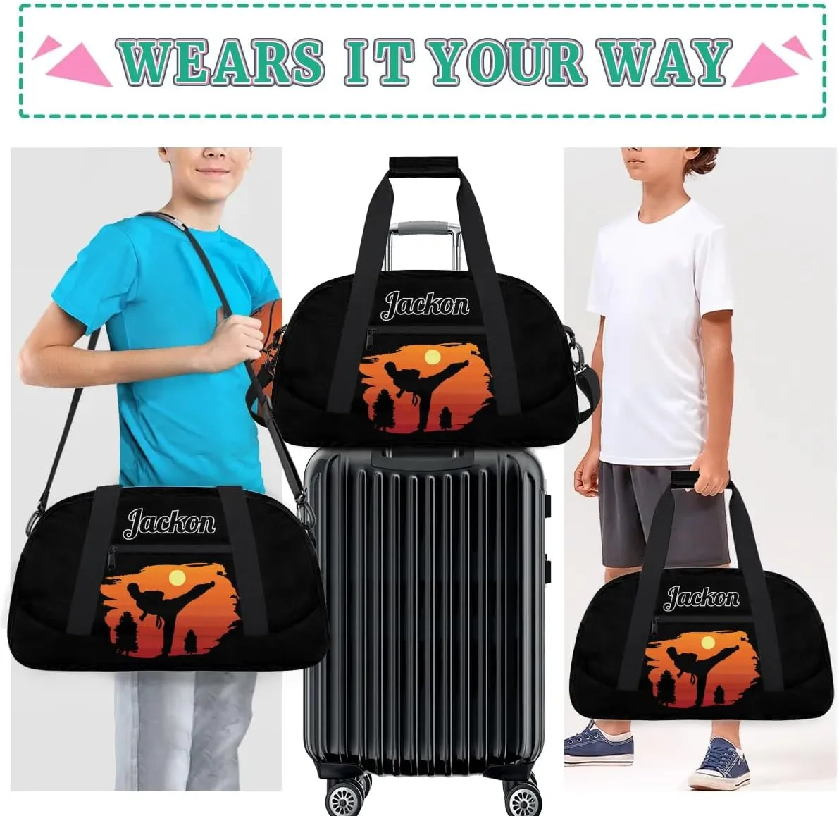 Karate Taekwondo Custom Sports Gym Bag for Girls Boys, Overnight Duffel Bags Cheerleader for Kids Personalized Dance Bag, Gymnastics Duffel Bag