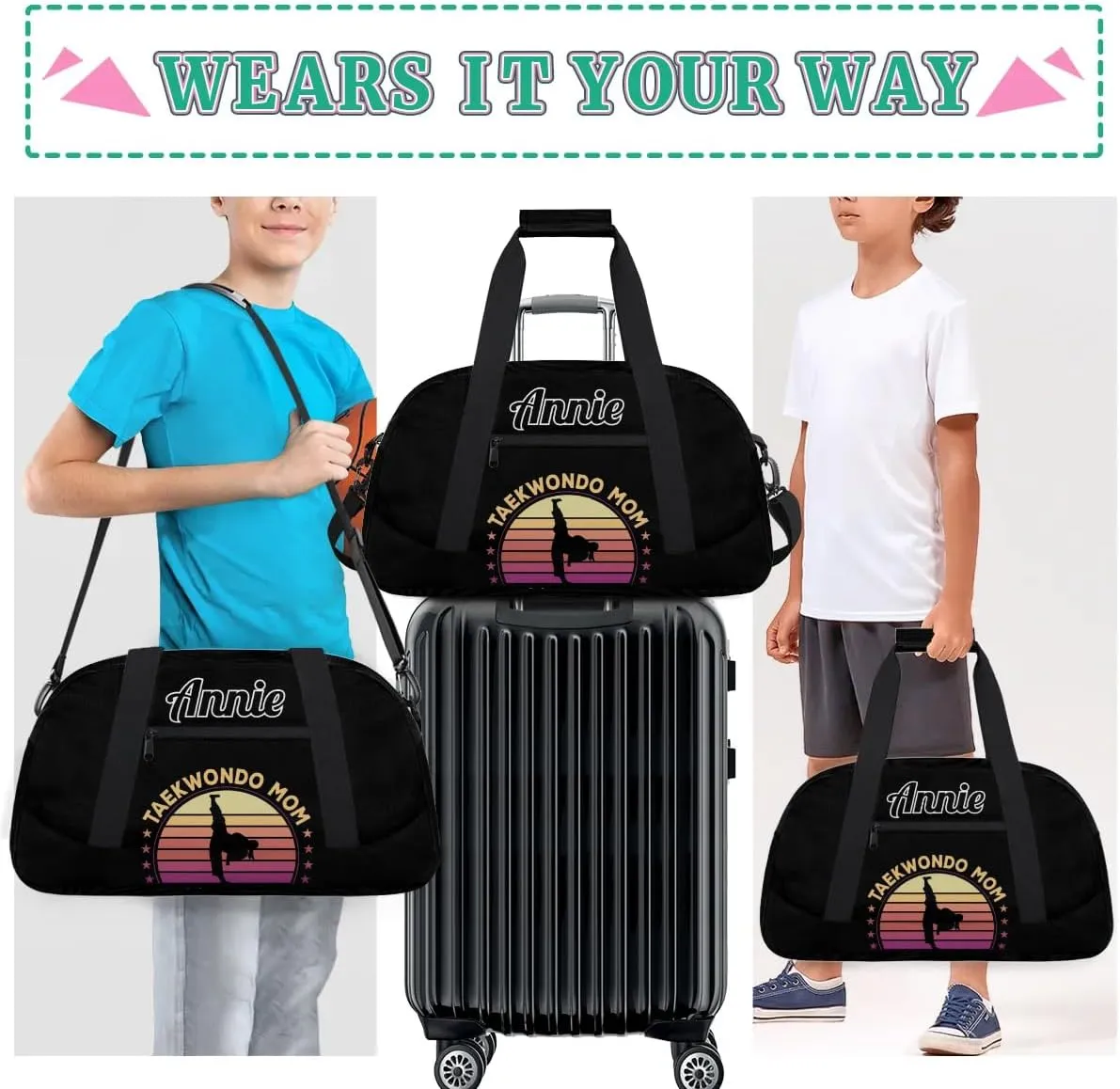 Karate Taekwondo Custom Sports Gym Bag for Girls Boys, Overnight Duffel Bags Cheerleader for Kids Personalized Dance Bag, Gymnastics Duffel Bag