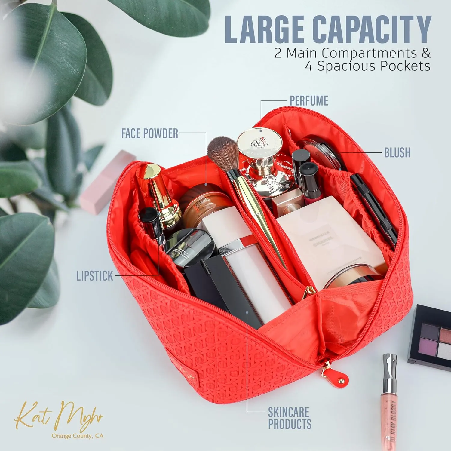 Kat Myhr Large Capacity Travel Cosmetic Bag with handle and divider - Waterproof Makeup Bag Organizer - Cosmetic Make Up Bag for Women - Cute Makeup Bag for Women - (Red)