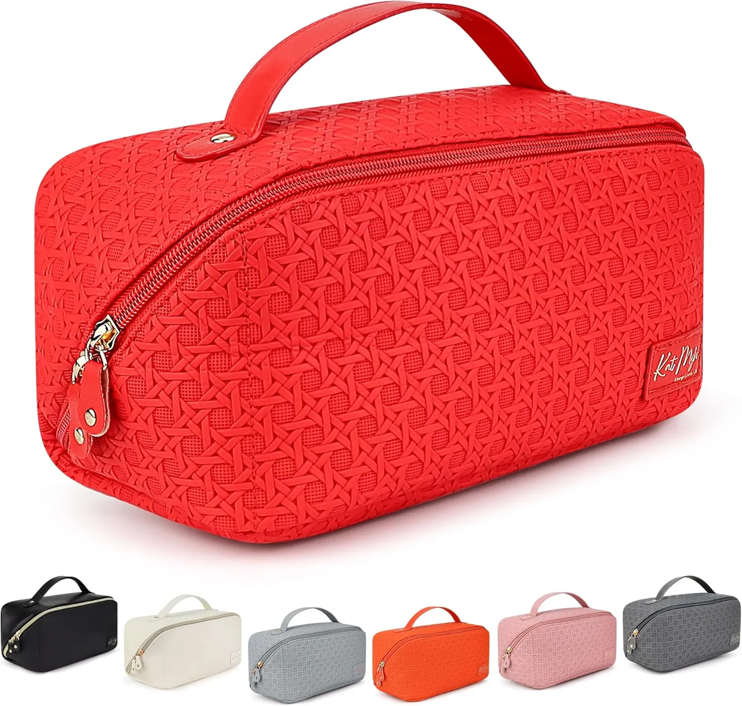 Kat Myhr Large Capacity Travel Cosmetic Bag with handle and divider - Waterproof Makeup Bag Organizer - Cosmetic Make Up Bag for Women - Cute Makeup Bag for Women - (Red)