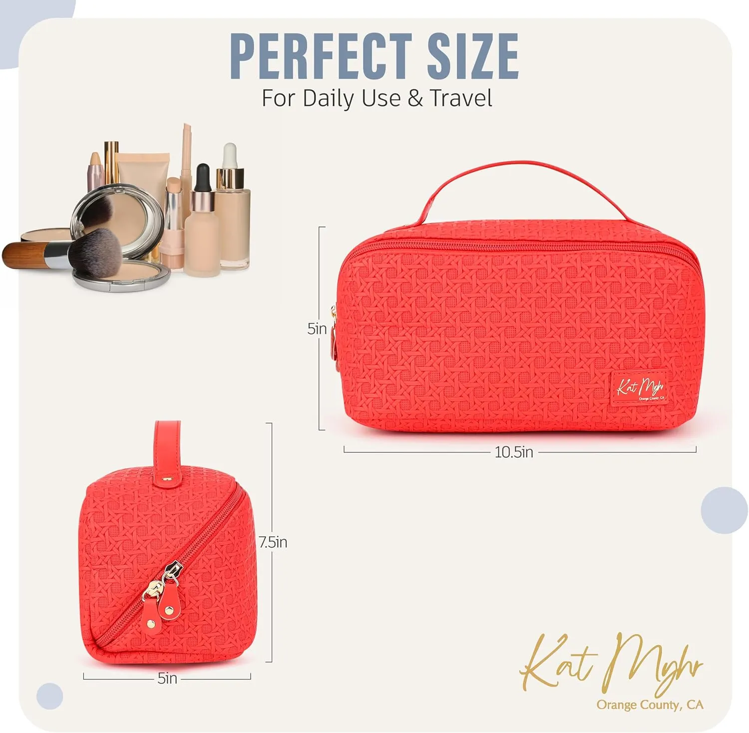 Kat Myhr Large Capacity Travel Cosmetic Bag with handle and divider - Waterproof Makeup Bag Organizer - Cosmetic Make Up Bag for Women - Cute Makeup Bag for Women - (Red)