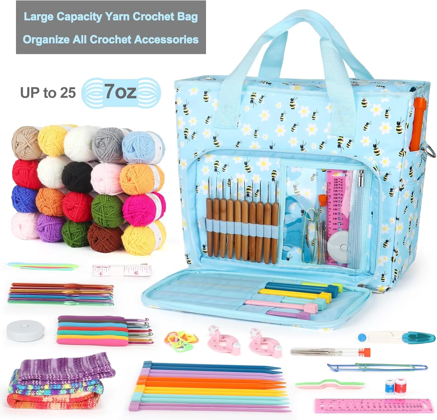 Katech Large Crochet Bag with Beginner Crochet Books, Yarn Storage Organizer Crochet Travel Bag for Crochet Hook, Knitting Accessories, Knitting Bag Crochet Tote Bag for Crochet Lover Gift
