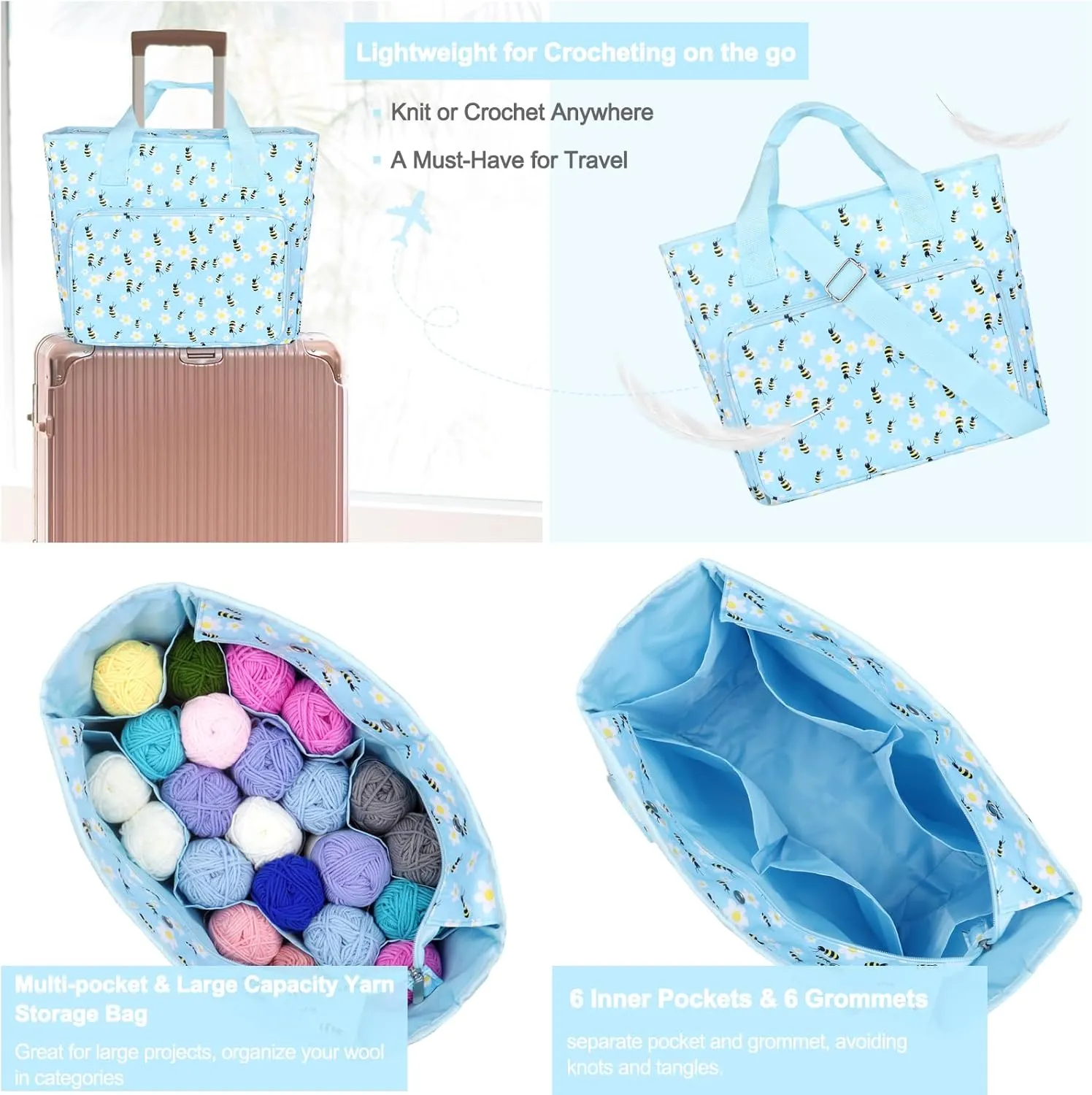 Katech Large Crochet Bag with Beginner Crochet Books, Yarn Storage Organizer Crochet Travel Bag for Crochet Hook, Knitting Accessories, Knitting Bag Crochet Tote Bag for Crochet Lover Gift