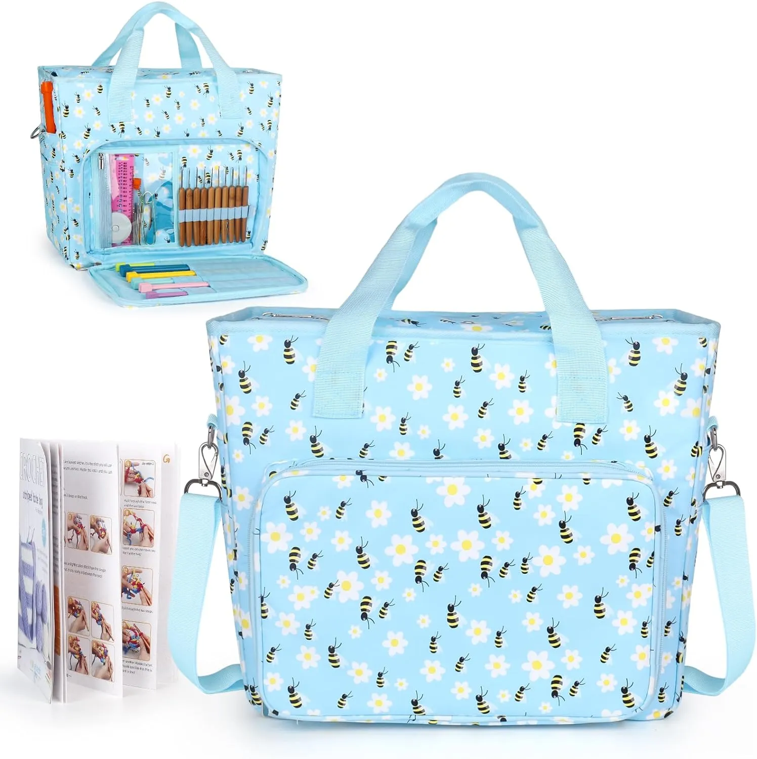 Katech Large Crochet Bag with Beginner Crochet Books, Yarn Storage Organizer Crochet Travel Bag for Crochet Hook, Knitting Accessories, Knitting Bag Crochet Tote Bag for Crochet Lover Gift