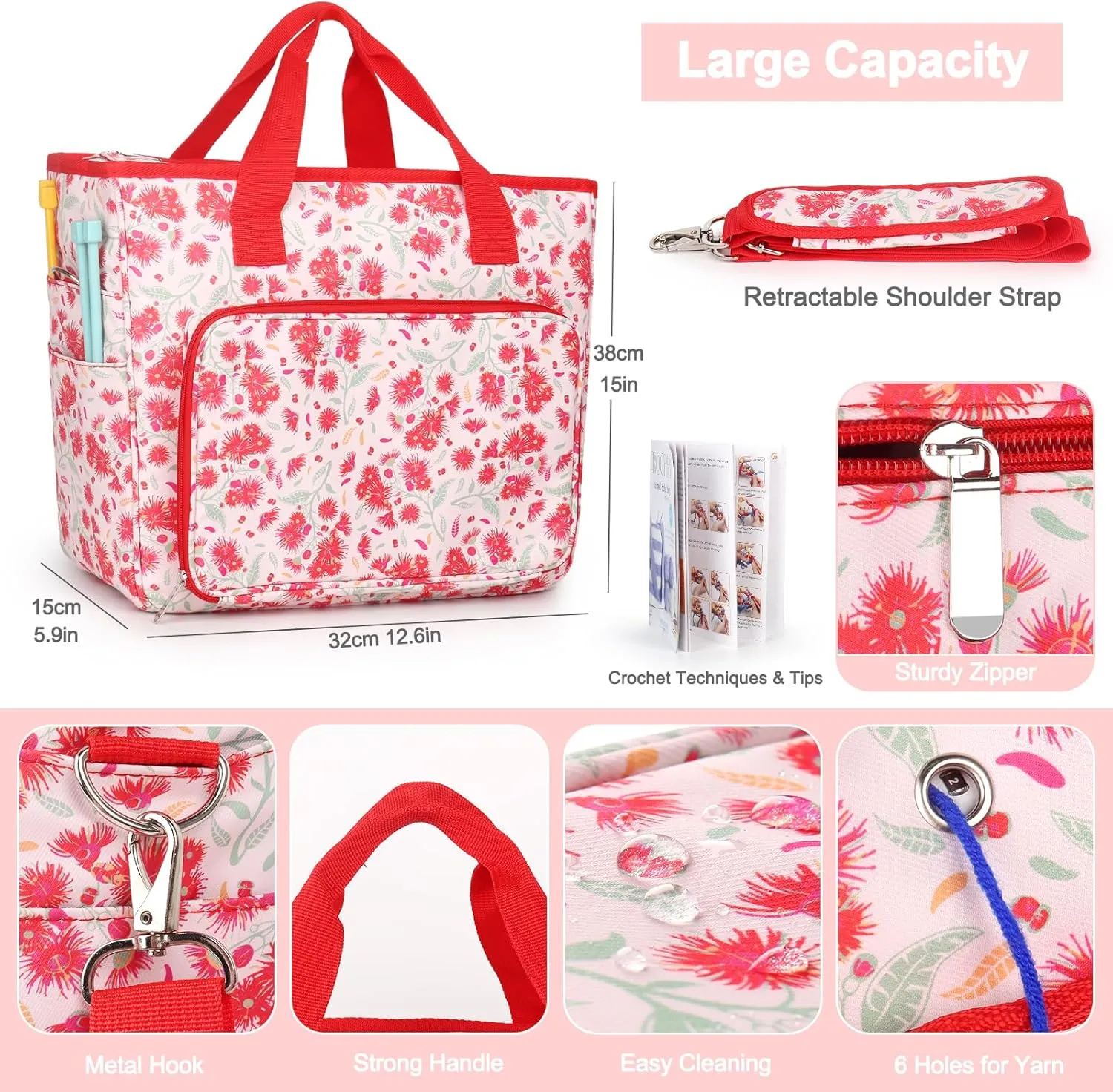 Katech Upgraded Crochet Bag with Beginner Crochet Books, Large Yarn Storage Bag Crochet Tote Bag for Crochet Hooks Knitting Needles and Project, Yarn Storage Organizer with 6 Grommets