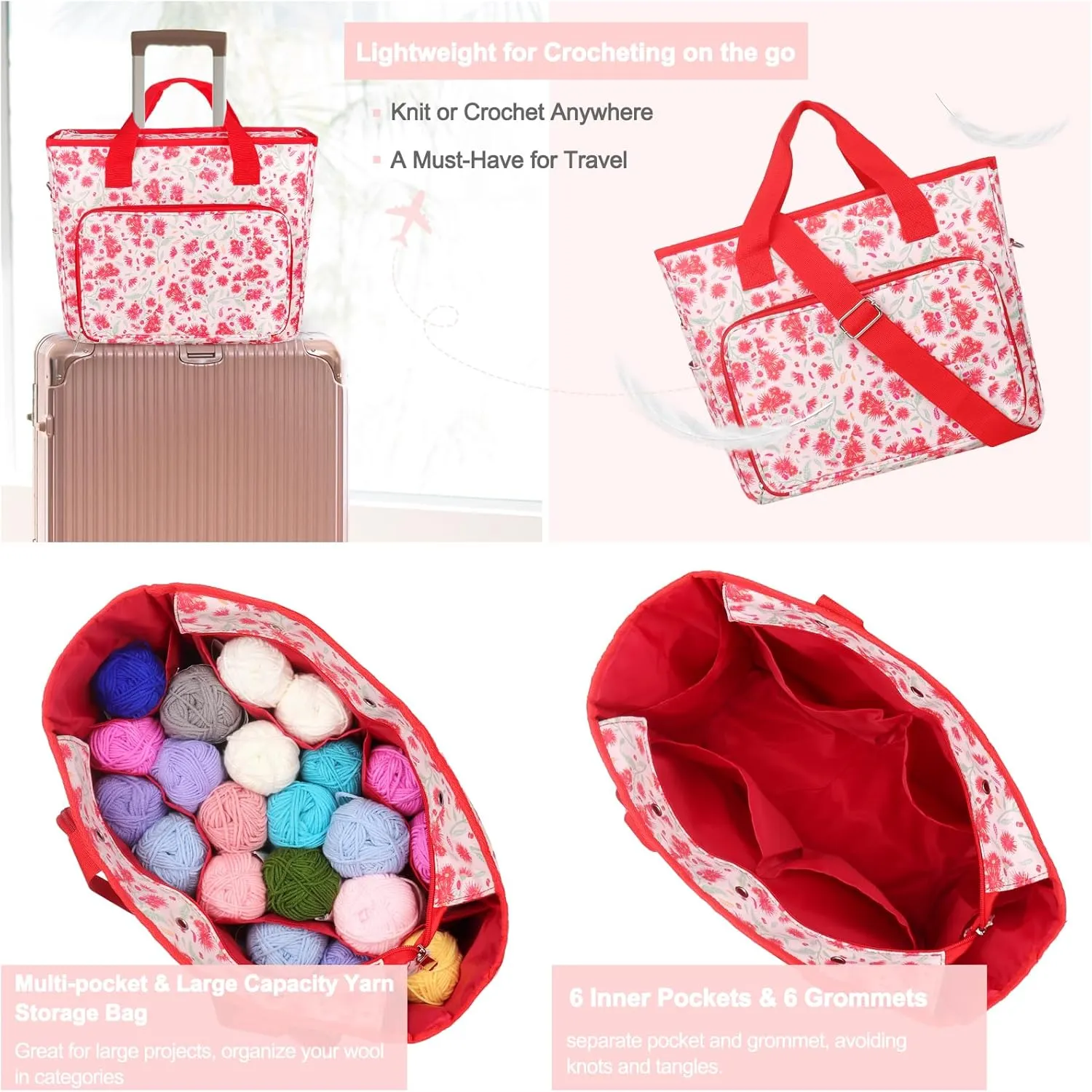 Katech Upgraded Crochet Bag with Beginner Crochet Books, Large Yarn Storage Bag Crochet Tote Bag for Crochet Hooks Knitting Needles and Project, Yarn Storage Organizer with 6 Grommets
