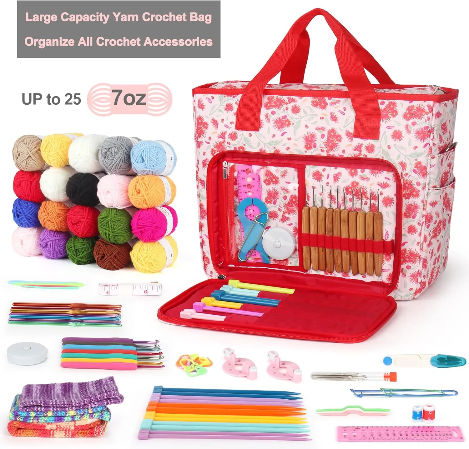 Katech Upgraded Crochet Bag with Beginner Crochet Books, Large Yarn Storage Bag Crochet Tote Bag for Crochet Hooks Knitting Needles and Project, Yarn Storage Organizer with 6 Grommets