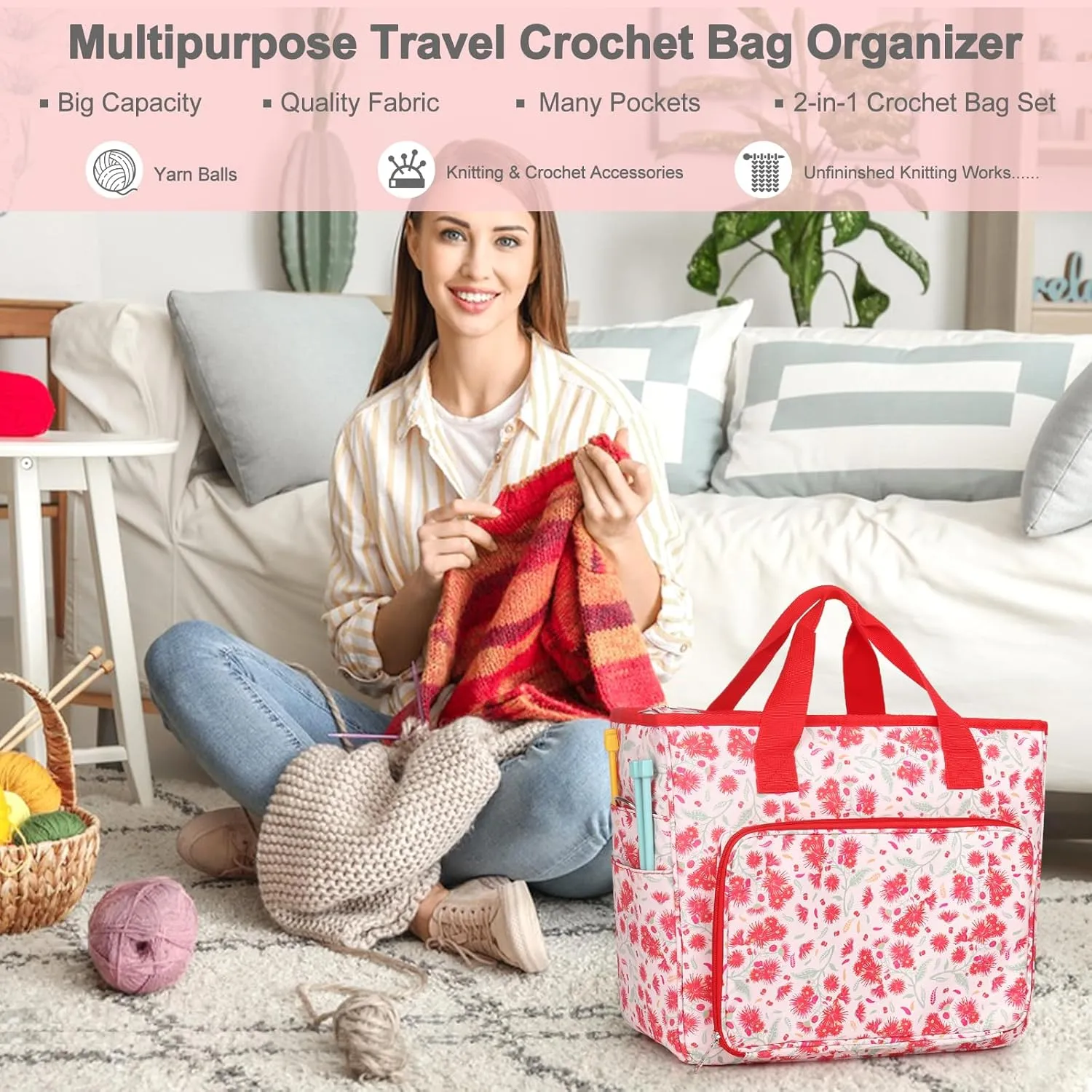 Katech Upgraded Crochet Bag with Beginner Crochet Books, Large Yarn Storage Bag Crochet Tote Bag for Crochet Hooks Knitting Needles and Project, Yarn Storage Organizer with 6 Grommets