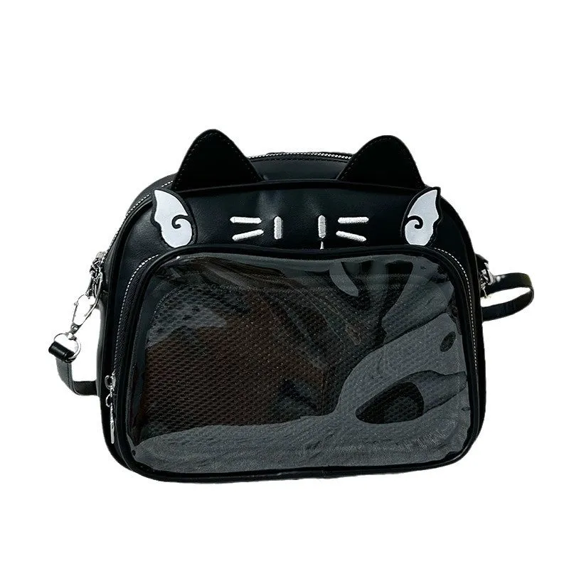Kawaii Cat Face Clear Window Backpack with Plush Charm - 2025 Korean Style School Bag