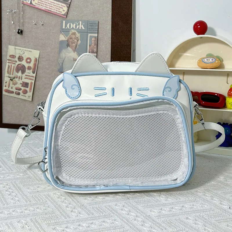 Kawaii Cat Face Clear Window Backpack with Plush Charm - 2025 Korean Style School Bag