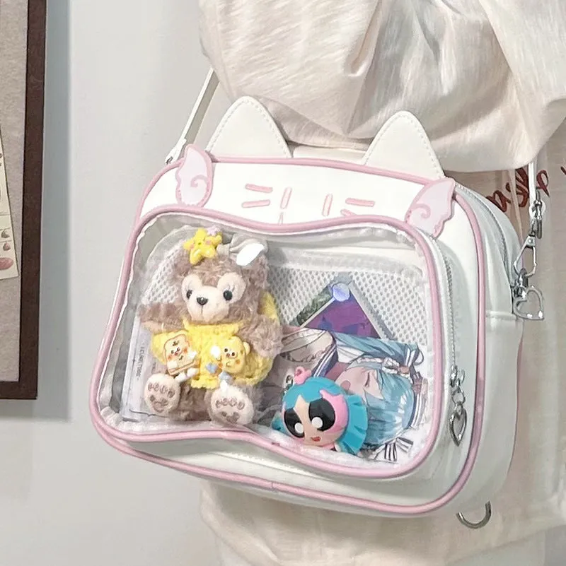 Kawaii Cat Face Clear Window Backpack with Plush Charm - 2025 Korean Style School Bag