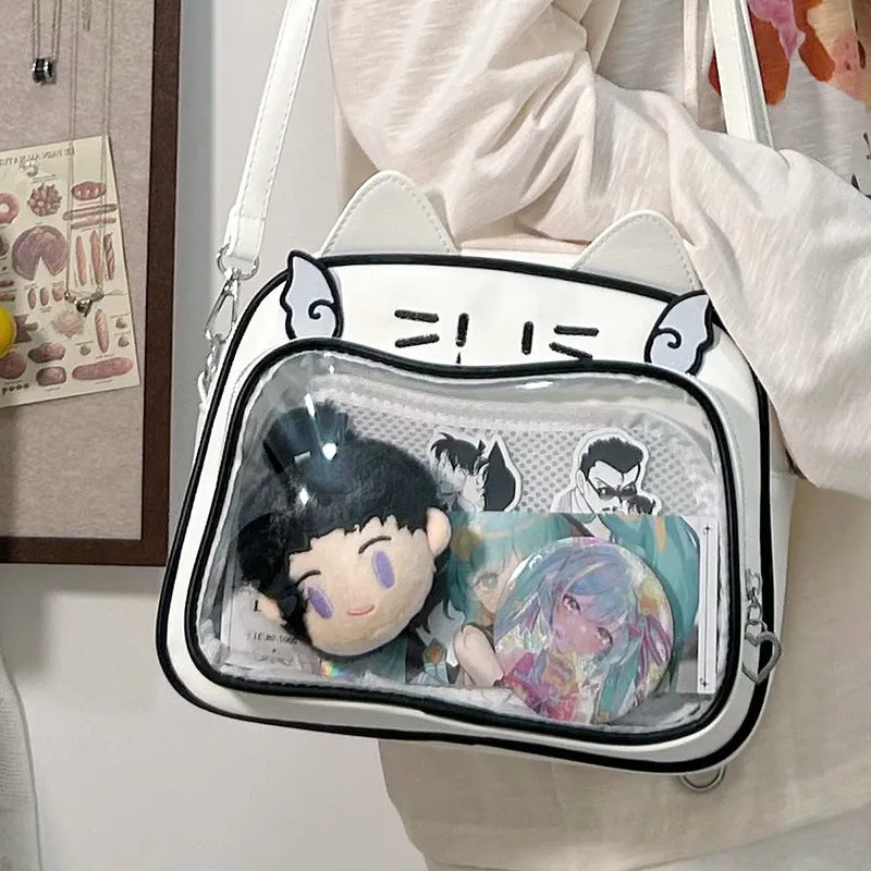 Kawaii Cat Face Clear Window Backpack with Plush Charm - 2025 Korean Style School Bag