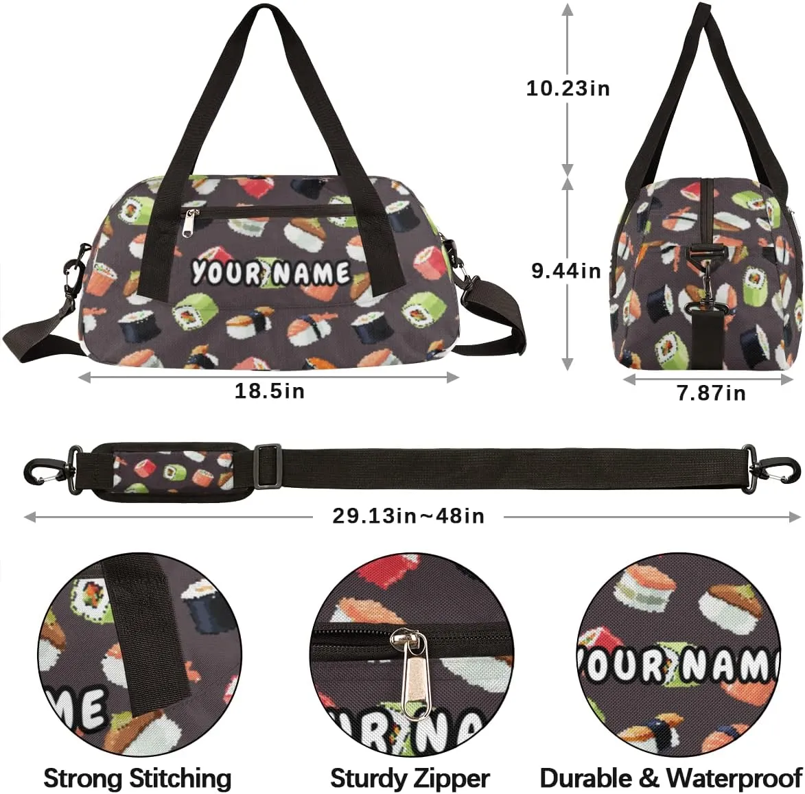 Kawaii Sushi Food Personalized Kids Duffel Bag for Girls Boys, Sushi Debris Custom Name Dance Bag Overnight Small Duffel Bag Carry On Weekend Sports Travel Bag for School Practice Gymnastics Ballet