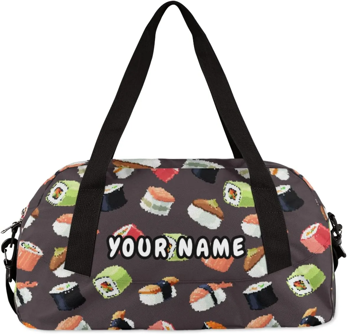 Kawaii Sushi Food Personalized Kids Duffel Bag for Girls Boys, Sushi Debris Custom Name Dance Bag Overnight Small Duffel Bag Carry On Weekend Sports Travel Bag for School Practice Gymnastics Ballet