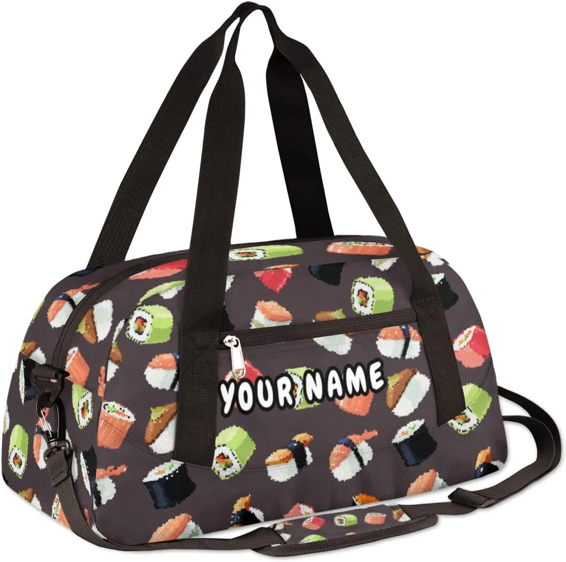 Kawaii Sushi Food Personalized Kids Duffel Bag for Girls Boys, Sushi Debris Custom Name Dance Bag Overnight Small Duffel Bag Carry On Weekend Sports Travel Bag for School Practice Gymnastics Ballet