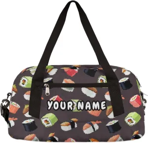 Kawaii Sushi Food Personalized Kids Duffel Bag for Girls Boys, Sushi Debris Custom Name Dance Bag Overnight Small Duffel Bag Carry On Weekend Sports Travel Bag for School Practice Gymnastics Ballet