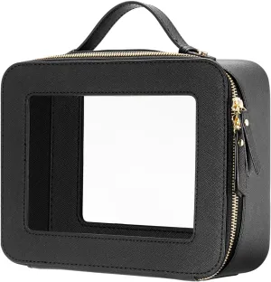 Keains Clear Makeup Bag for Women Cosmetic Organizer Case Transparent Waterproof Travel Toiletry Bag with Zipper Portable Make Up Organizer Traveling Compact Car Bag for Essentials（Black）