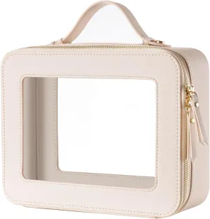 Keains Clear Makeup Bag for Women，Cosmetic Organizer Case Transparent Waterproof Travel Toiletry Bag with Zipper，Portable Make Up Organizer Traveling Compact Car Bag for Essentials（Off White）