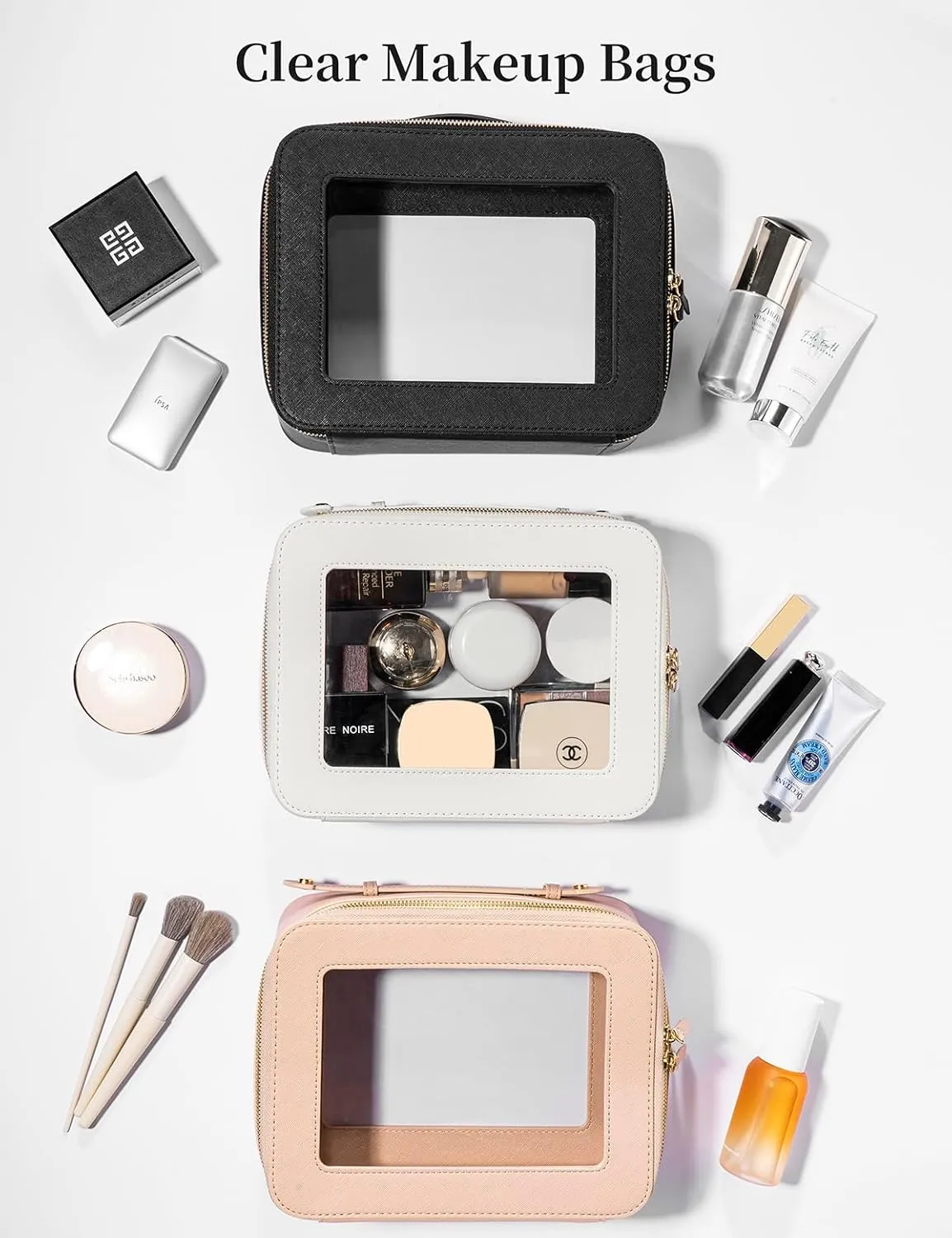 Keains Clear Makeup Bag for Women，Cosmetic Organizer Case Transparent Waterproof Travel Toiletry Bag with Zipper，Portable Make Up Organizer Traveling Compact Car Bag for Essentials（Off White）