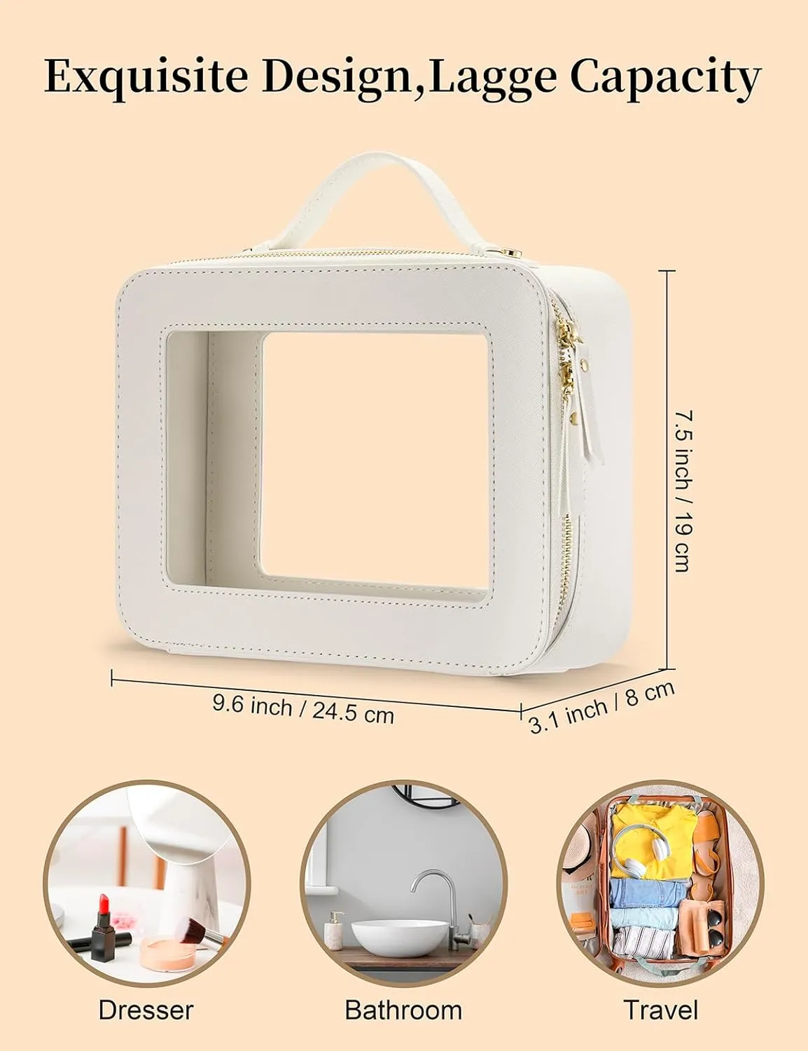 Keains Clear Makeup Bag for Women，Cosmetic Organizer Case Transparent Waterproof Travel Toiletry Bag with Zipper，Portable Make Up Organizer Traveling Compact Car Bag for Essentials（Off White）