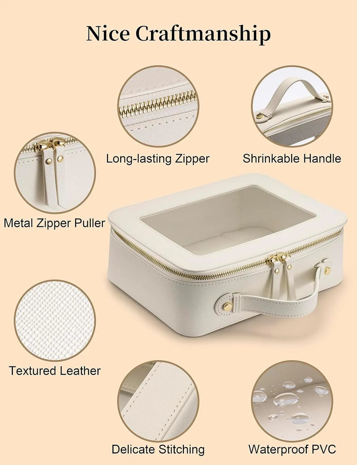 Keains Clear Makeup Bag for Women，Cosmetic Organizer Case Transparent Waterproof Travel Toiletry Bag with Zipper，Portable Make Up Organizer Traveling Compact Car Bag for Essentials（Off White）