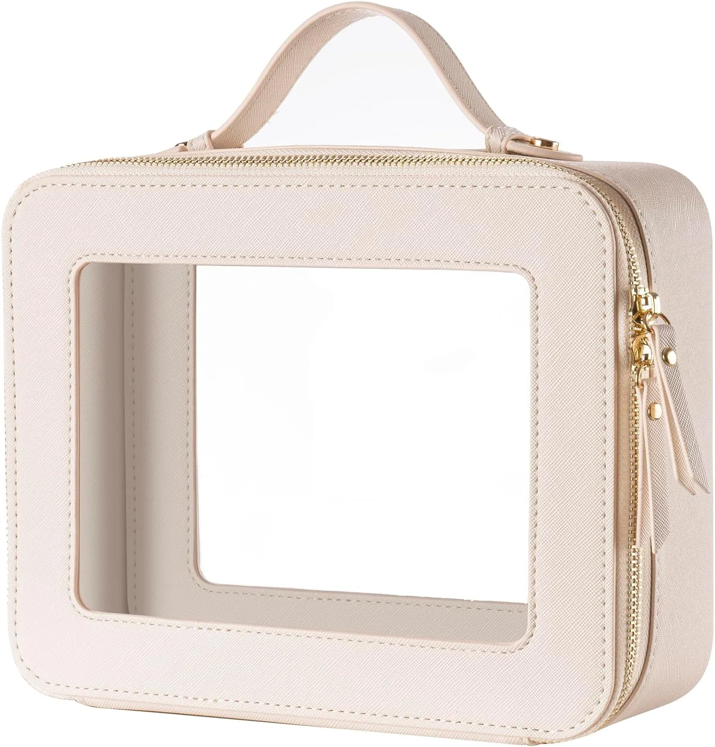 Keains Clear Makeup Bag for Women，Cosmetic Organizer Case Transparent Waterproof Travel Toiletry Bag with Zipper，Portable Make Up Organizer Traveling Compact Car Bag for Essentials（Off White）