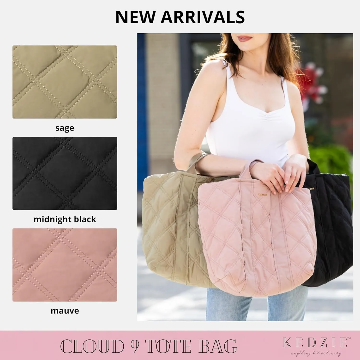 KEDZIE Cloud 9 Quilted Puffer Tote Bag Crossbody Purse for Women - Midnight Black
