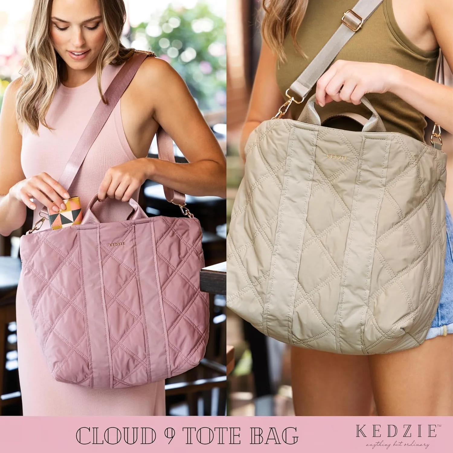 KEDZIE Cloud 9 Quilted Puffer Tote Bag Crossbody Purse for Women - Midnight Black