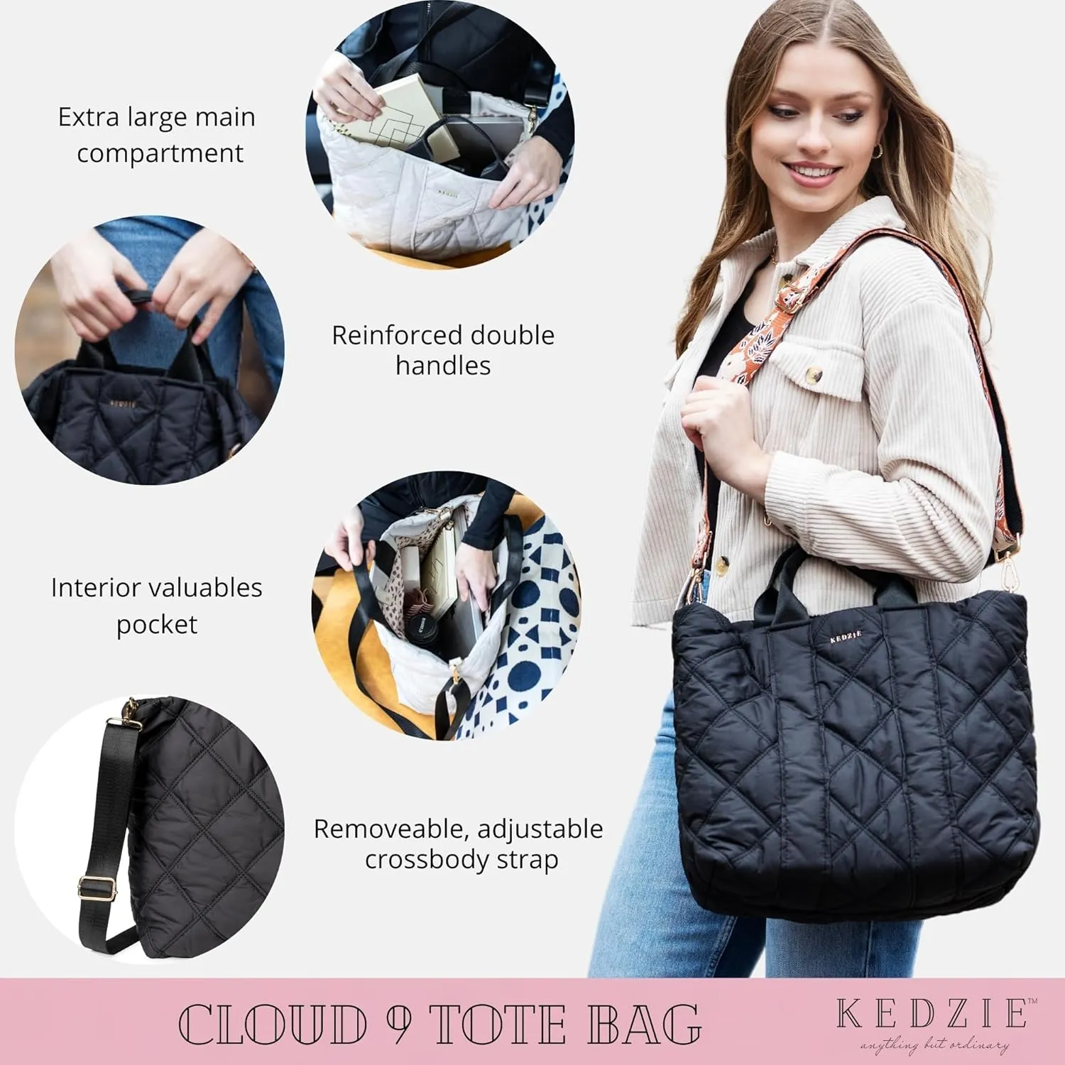 KEDZIE Cloud 9 Quilted Puffer Tote Bag Crossbody Purse for Women - Midnight Black
