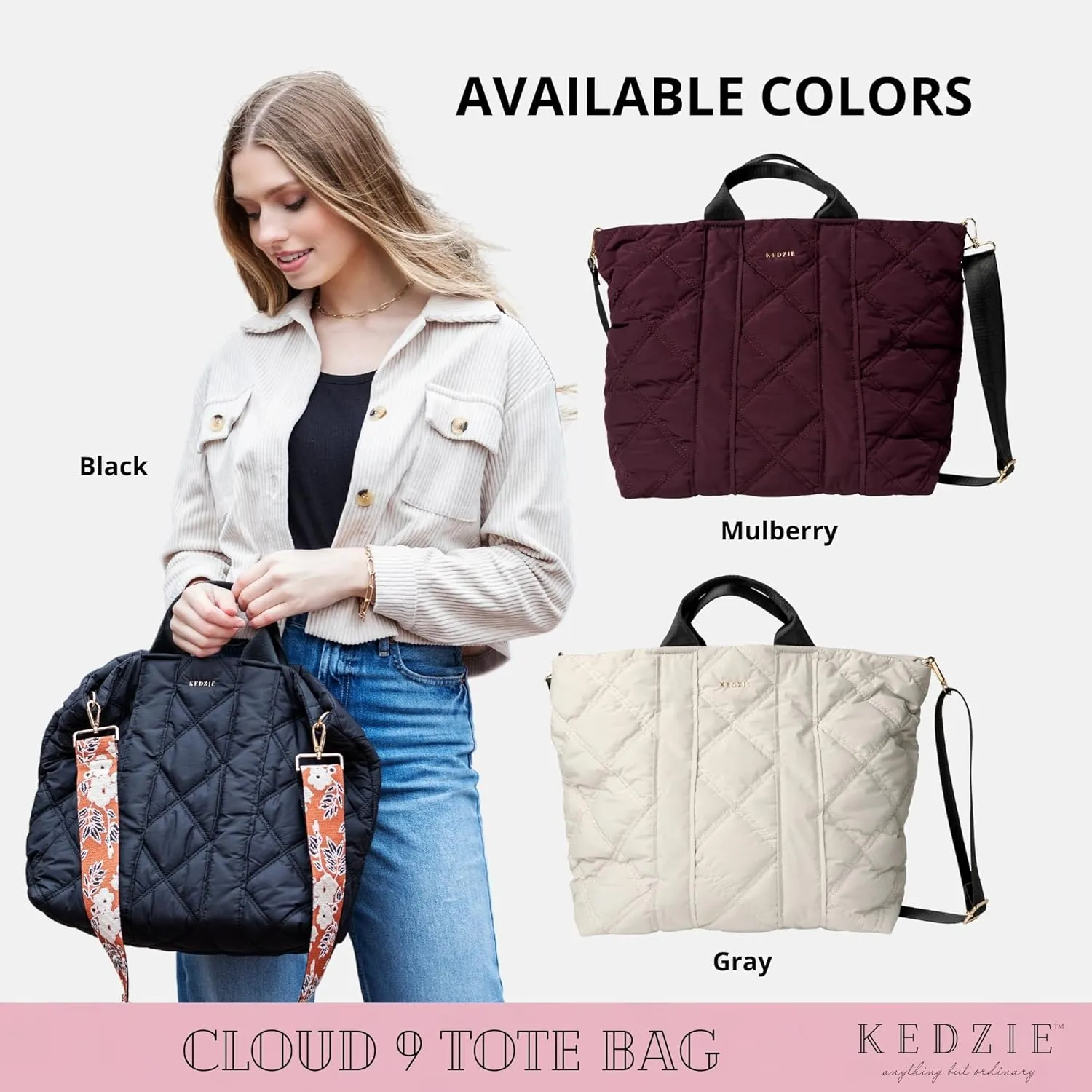KEDZIE Cloud 9 Quilted Puffer Tote Bag Crossbody Purse for Women - Midnight Black