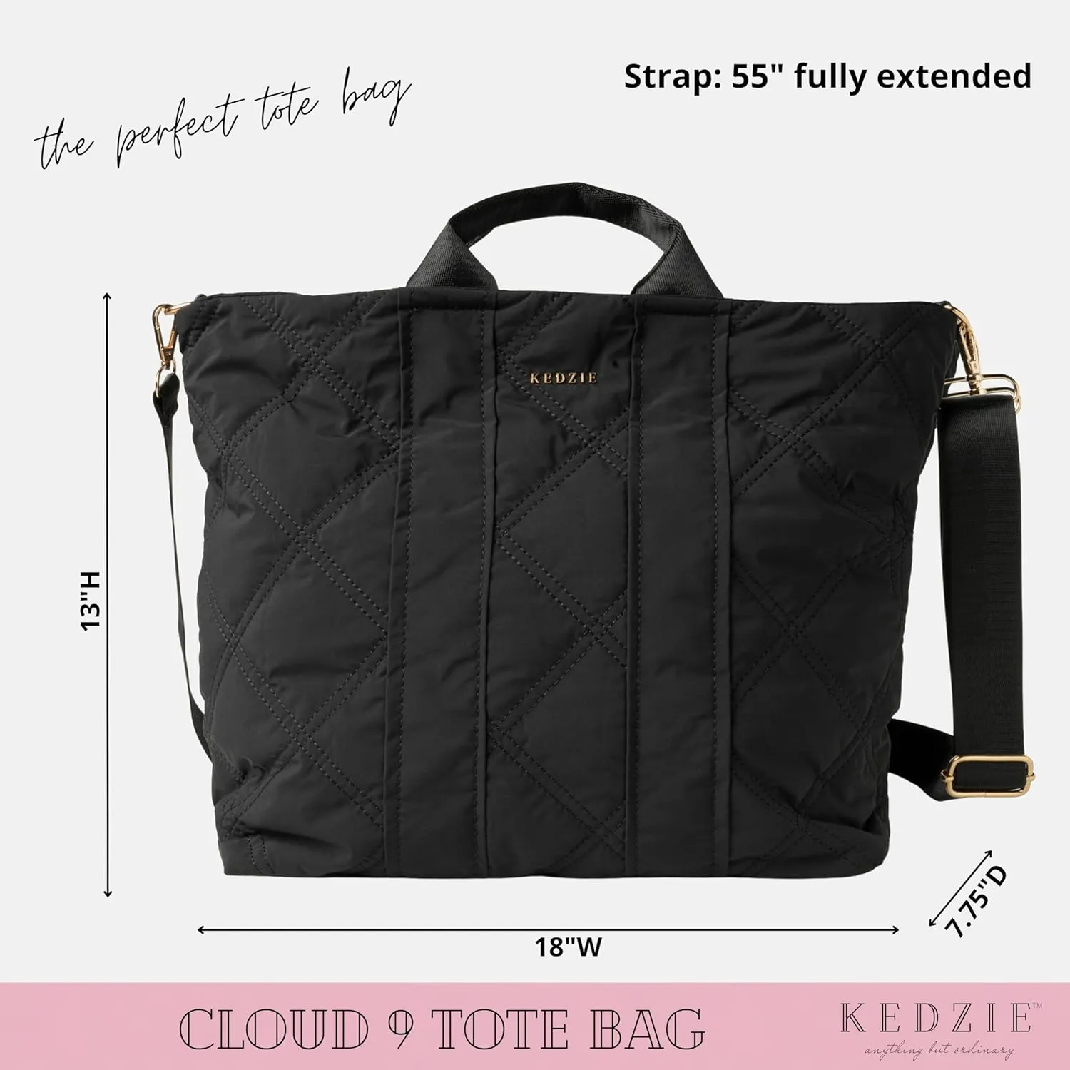 KEDZIE Cloud 9 Quilted Puffer Tote Bag Crossbody Purse for Women - Midnight Black