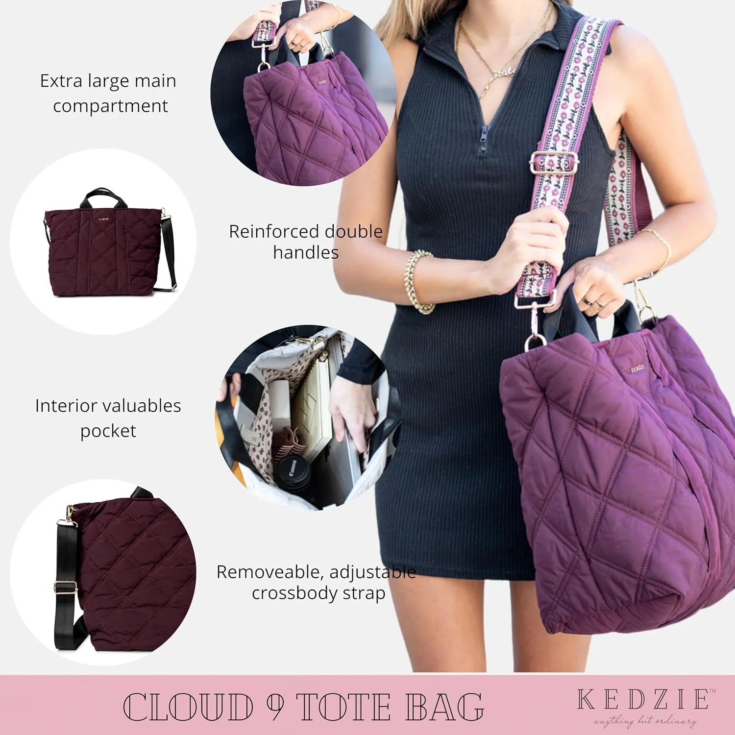 KEDZIE Cloud 9 Quilted Puffer Tote Bag Crossbody Purse for Women - Mulberry