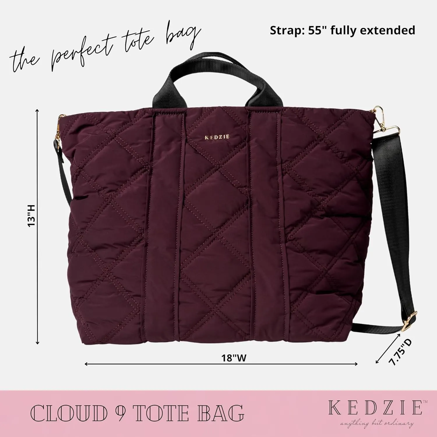 KEDZIE Cloud 9 Quilted Puffer Tote Bag Crossbody Purse for Women - Mulberry