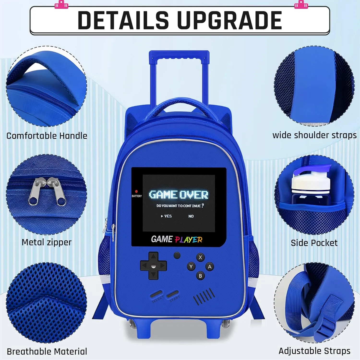 Kids Rolling Backpack for Boys - Gamer Boys Rolling Backpack with Wheels, Elementary Middle School Roller Bookbag with Adjustable Handle for Travel & School