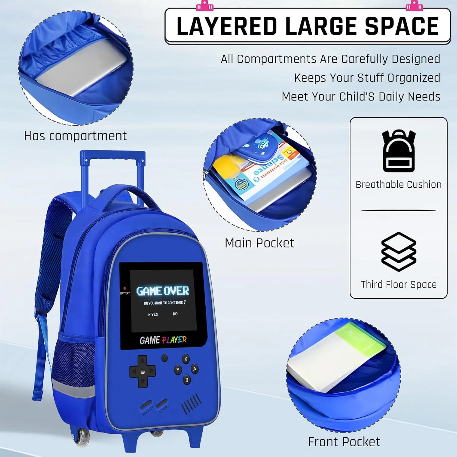 Kids Rolling Backpack for Boys - Gamer Boys Rolling Backpack with Wheels, Elementary Middle School Roller Bookbag with Adjustable Handle for Travel & School