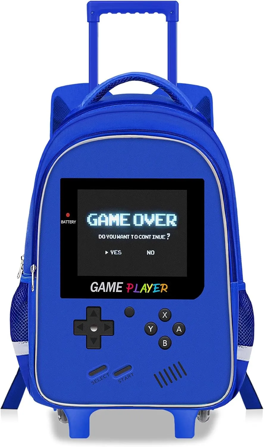 Kids Rolling Backpack for Boys - Gamer Boys Rolling Backpack with Wheels, Elementary Middle School Roller Bookbag with Adjustable Handle for Travel & School