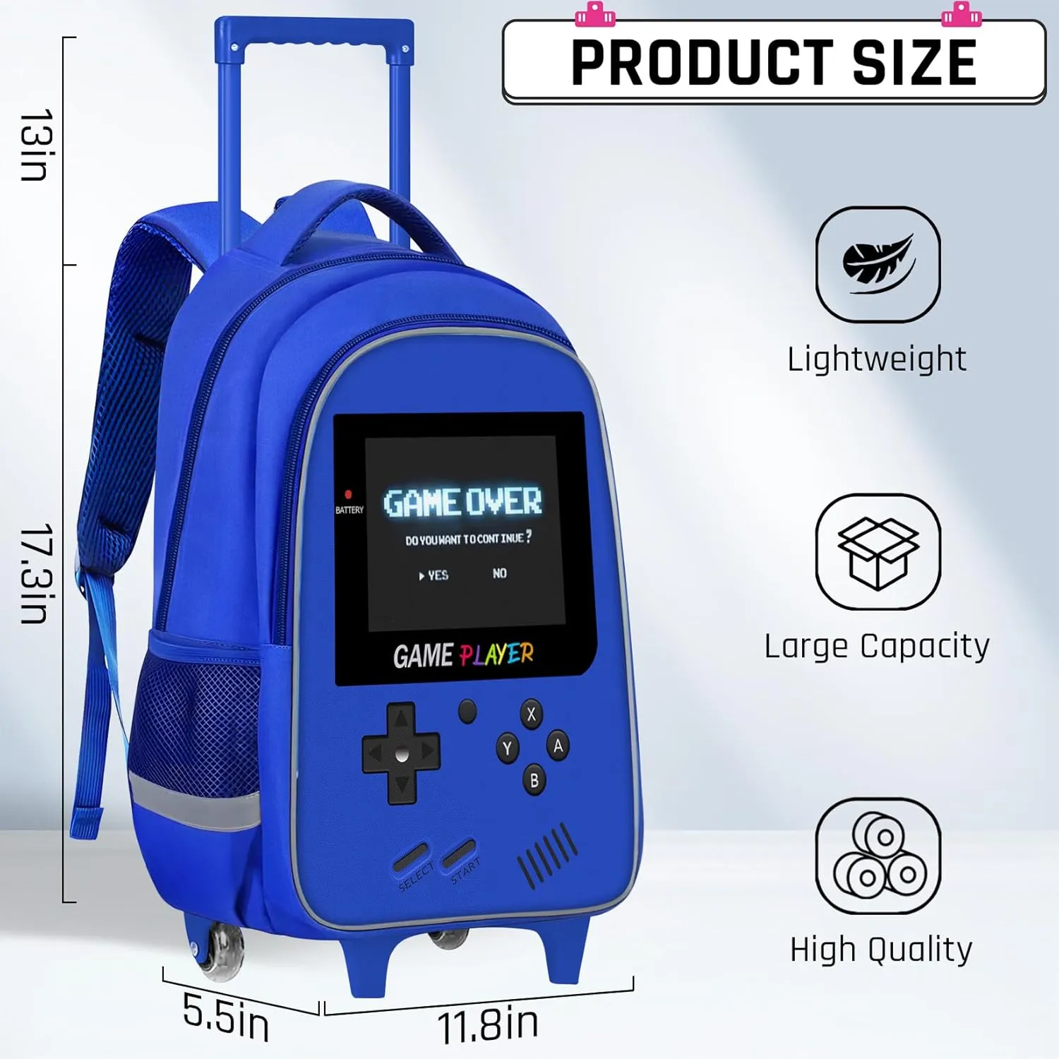 Kids Rolling Backpack for Boys - Gamer Boys Rolling Backpack with Wheels, Elementary Middle School Roller Bookbag with Adjustable Handle for Travel & School