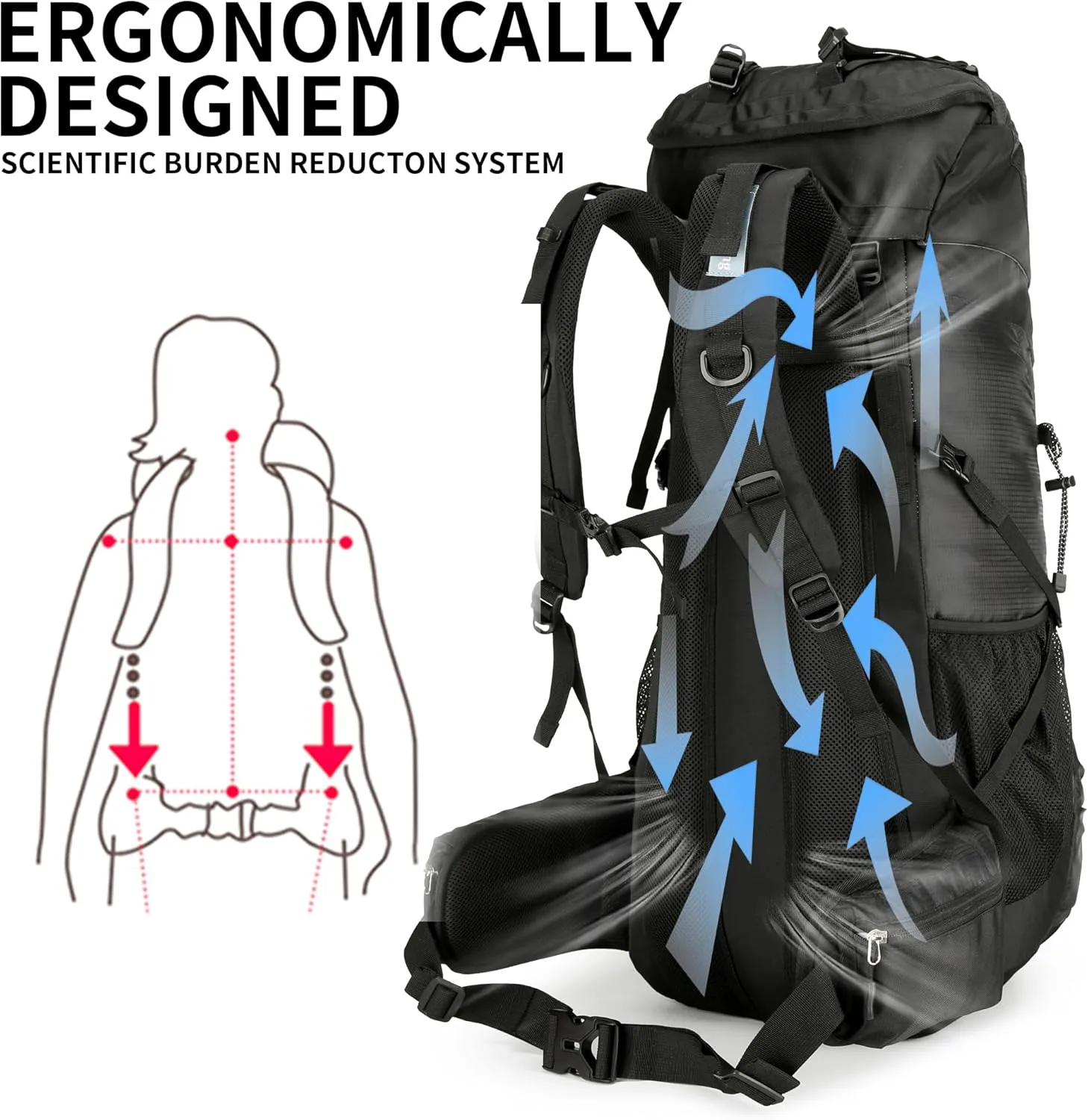 King'sGuard Hiking Backpack for Men and Women 70L 5L Waterproof Lightweight Camping Daypack with Rain Cover - Frameless (black-b)