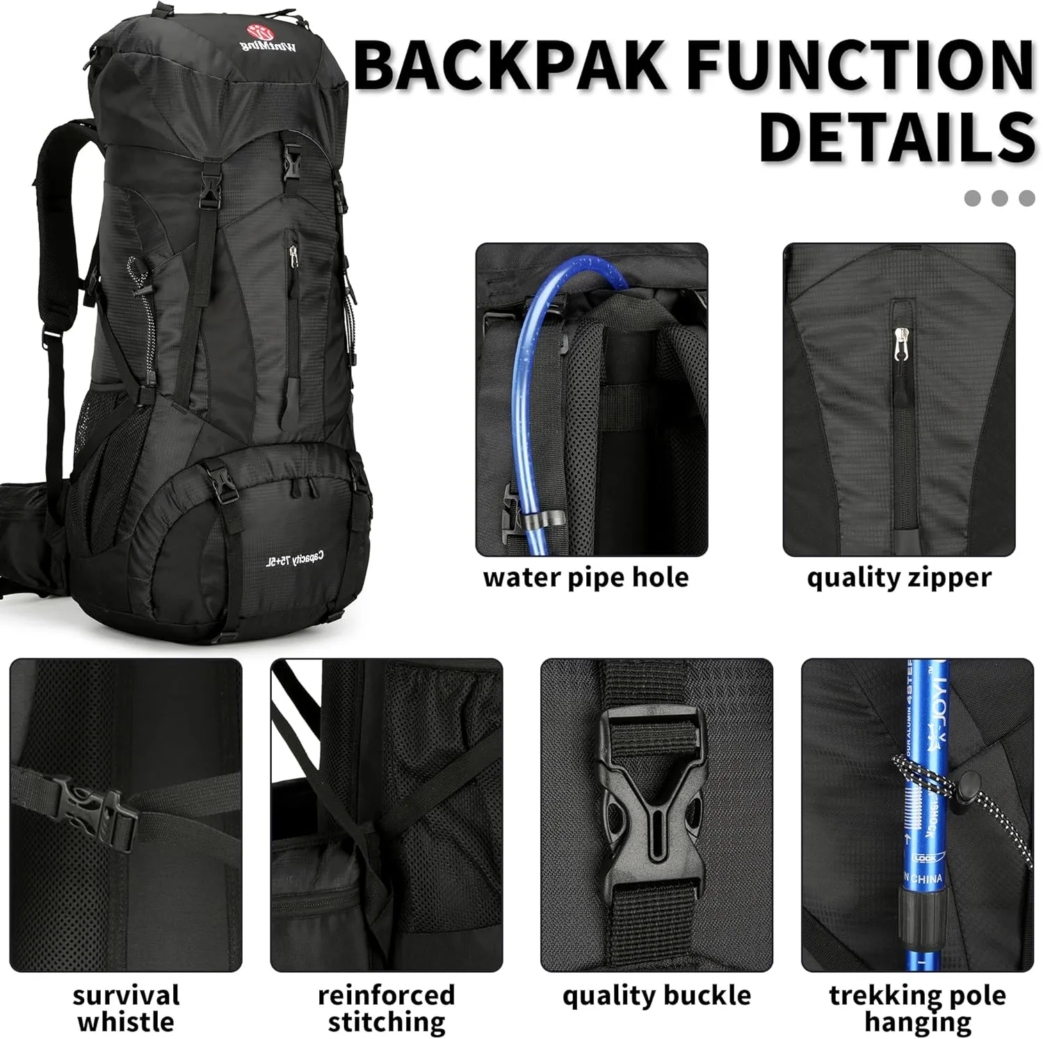 King'sGuard Hiking Backpack for Men and Women 70L 5L Waterproof Lightweight Camping Daypack with Rain Cover - Frameless (black-b)