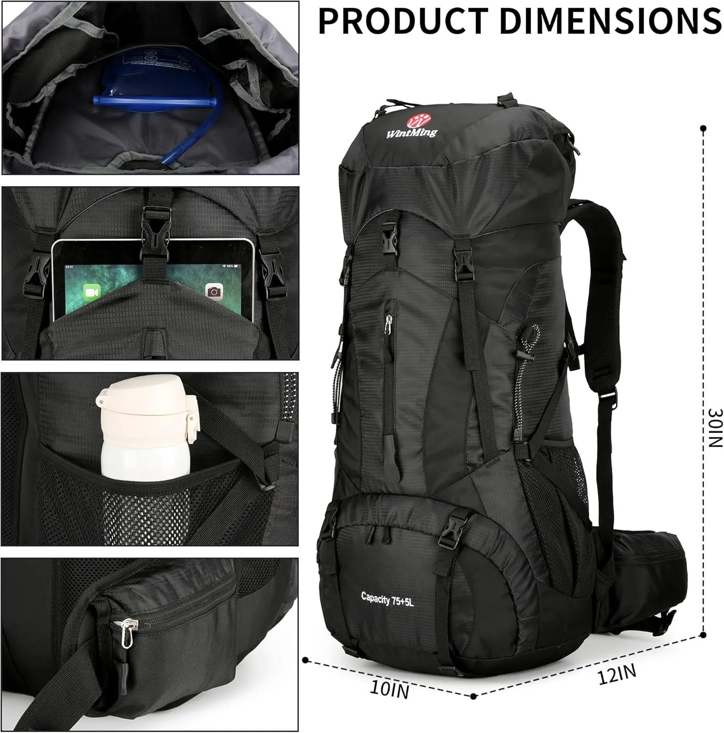 King'sGuard Hiking Backpack for Men and Women 70L 5L Waterproof Lightweight Camping Daypack with Rain Cover - Frameless (black-b)