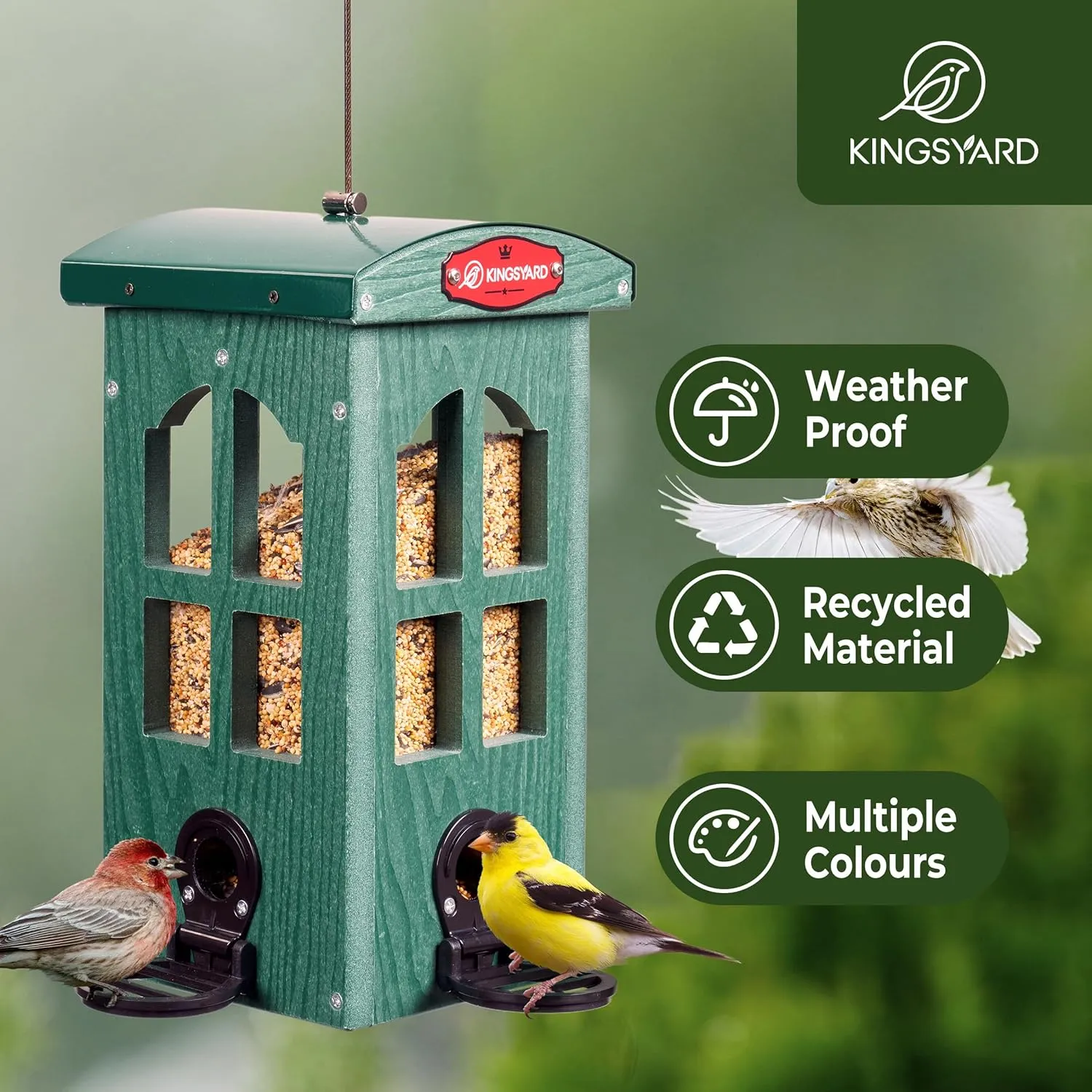 Kingsyard Upgraded Rainproof Bird Feeder for Outdoor Hanging - Metal Feeding Port, Recycled Plastic Wild Bird Feeder with Metal Mesh Tray, Garden Yard Decoration, Green
