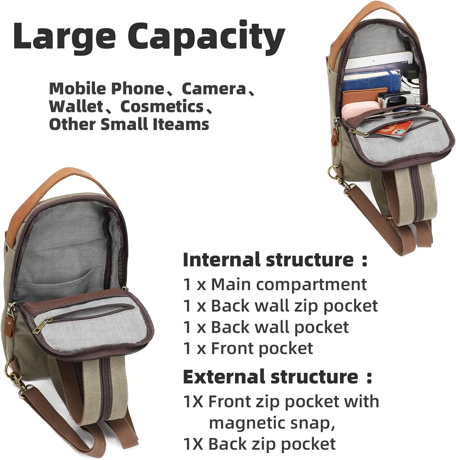 KL928 Canvas Sling Bag Crossbody Backpack Sling Backpack Shoulder Bag Casual Daypacks for Men Women