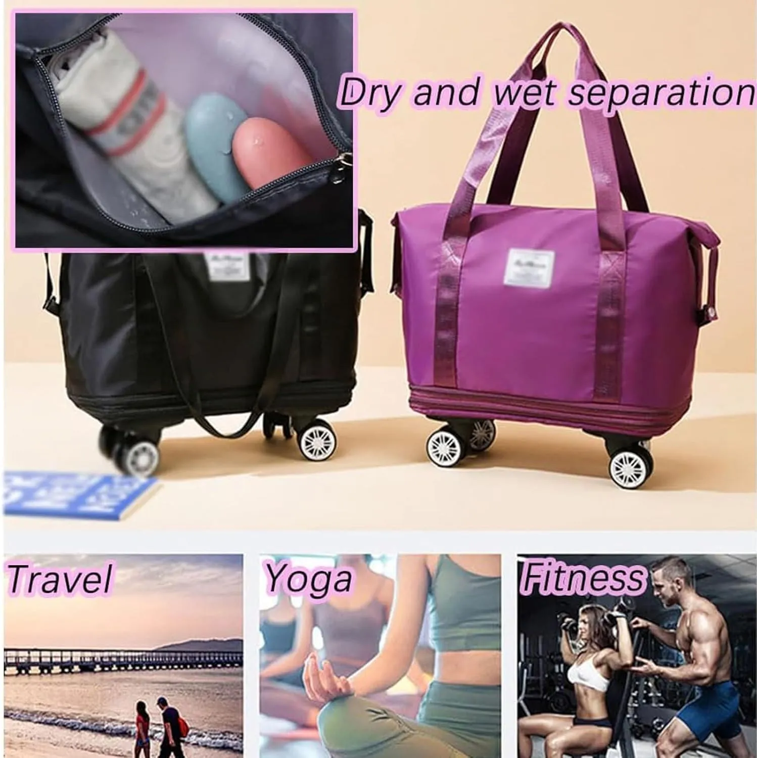 Klarson Expandable Bag with Wheels, Scratch Expandable Travel Duffle Bag with Wheels, Collapsible Rolling Duffle (Grey)