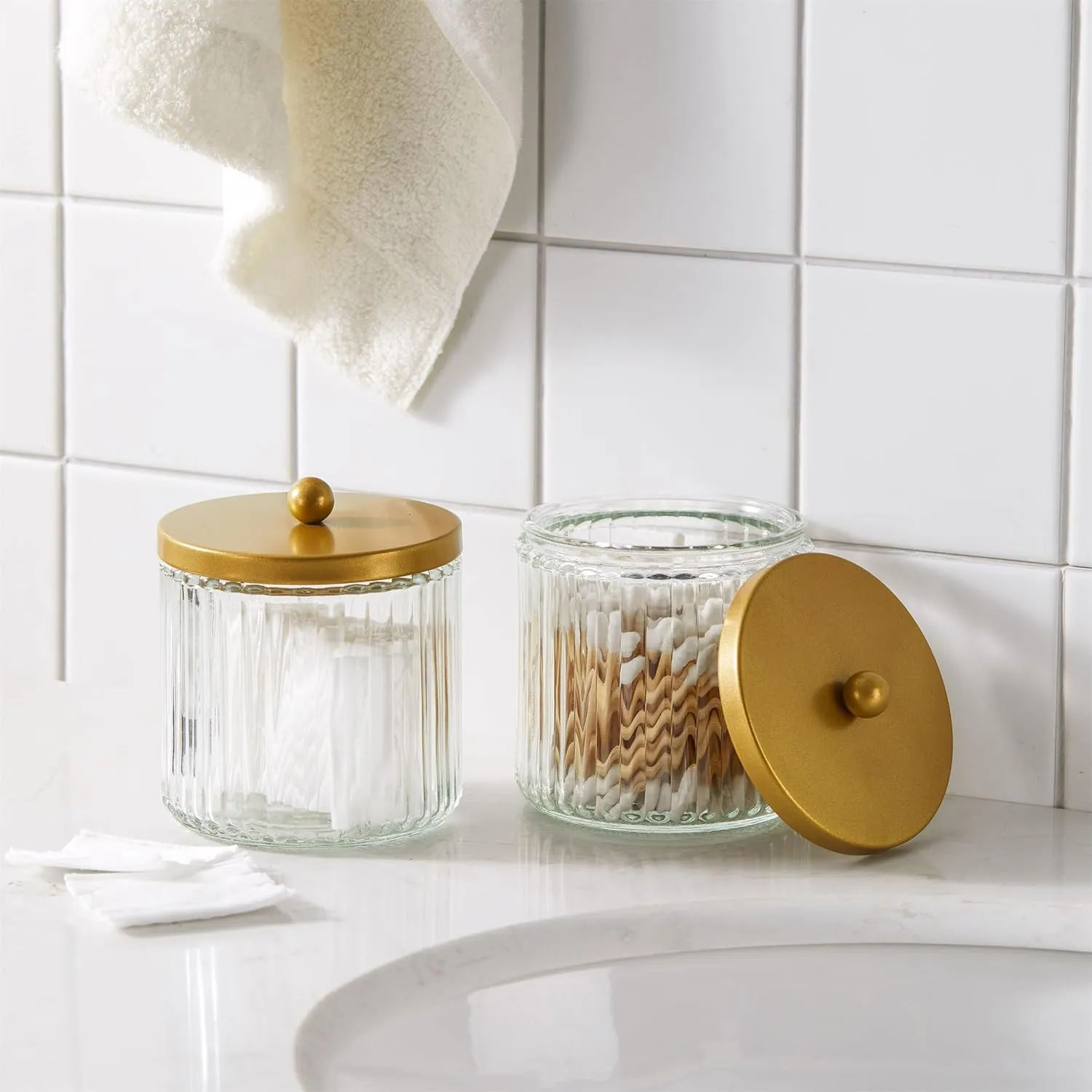 KMwares Set of 2 Glass Qtip Holder Dispenser Set for Cotton Ball, Swab, Round Pads, Floss Picks - Bathroom Canister Storage Organization and Vanity Makeup Organizer (Golden)