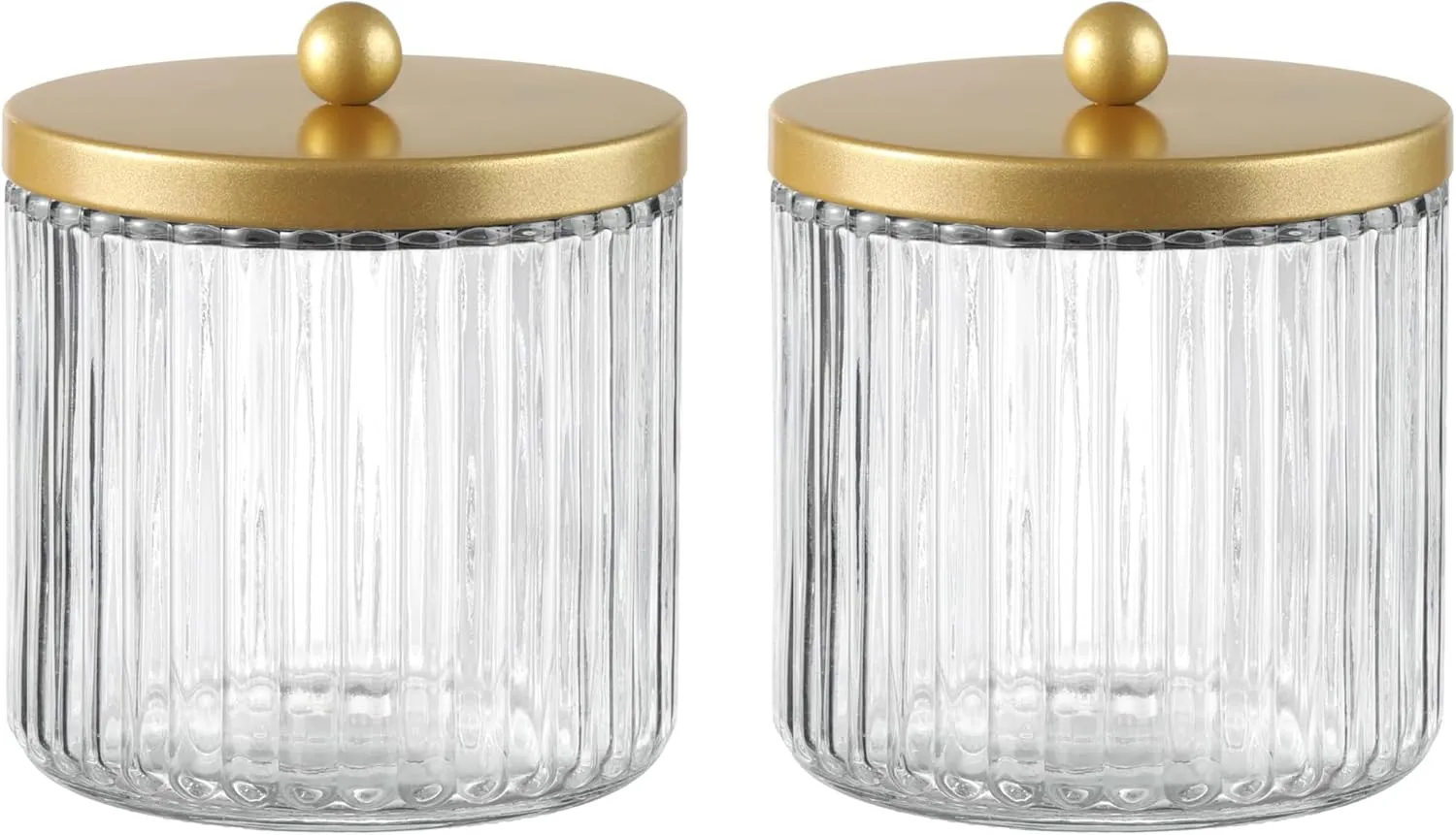 KMwares Set of 2 Glass Qtip Holder Dispenser Set for Cotton Ball, Swab, Round Pads, Floss Picks - Bathroom Canister Storage Organization and Vanity Makeup Organizer (Golden)