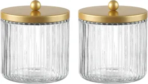 KMwares Set of 2 Glass Qtip Holder Dispenser Set for Cotton Ball, Swab, Round Pads, Floss Picks - Bathroom Canister Storage Organization and Vanity Makeup Organizer (Golden)