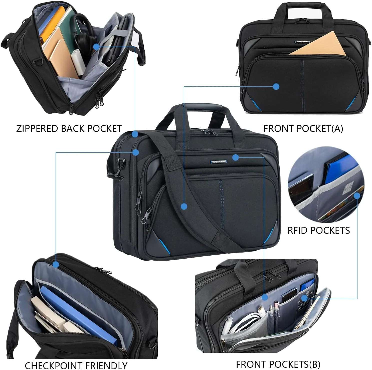 KROSER Laptop Bag 17.3 Inch Premium Laptop Briefcase, Expandable Laptop Shoulder Messenger Bag Durable Computer Case